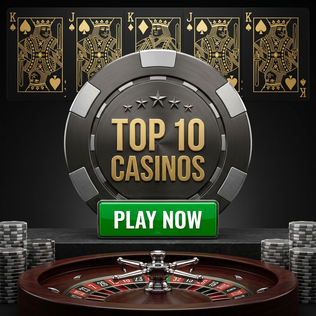 Top 10 casinos promotional graphic with casino chip, roulette wheel and Play Now button